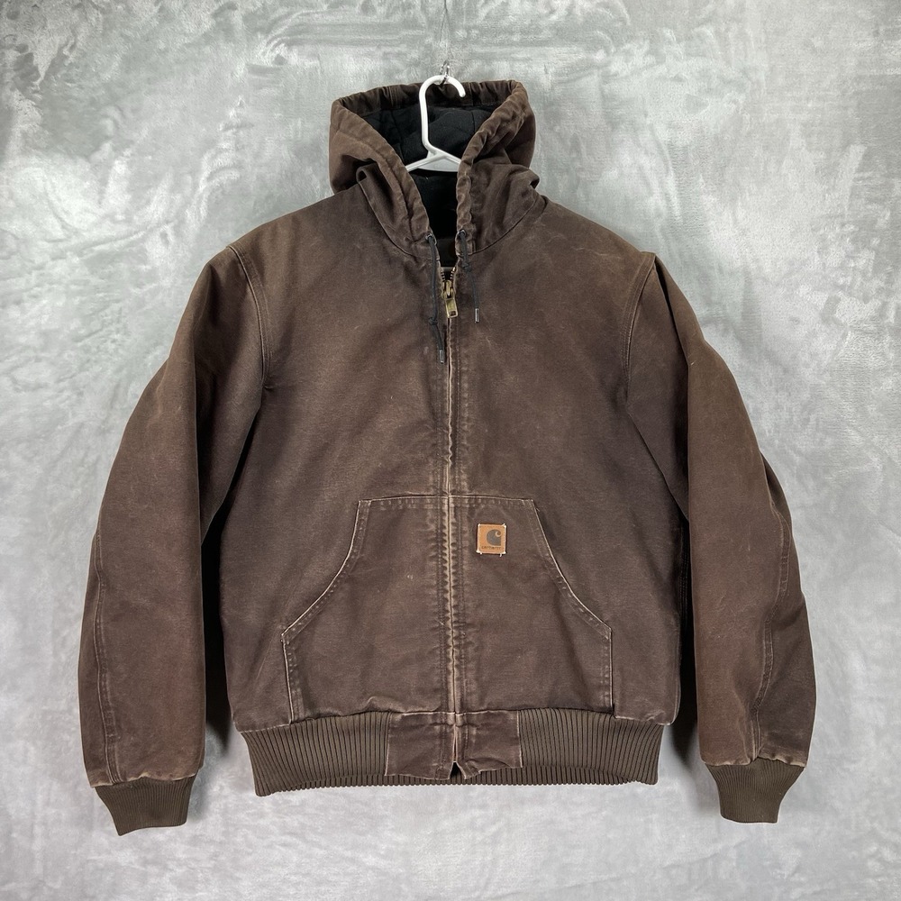 Vintage Carhartt Jacket Mens Small Full Zip Hooded Canvas Fleece Lined J130 DKB